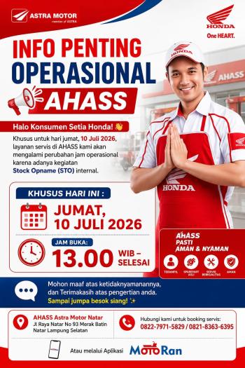 Ada Kegiatan Internal, Jam Operasional AHASS Astra Motor Natar Mengalami Perubahan Khusus Hari Ini
